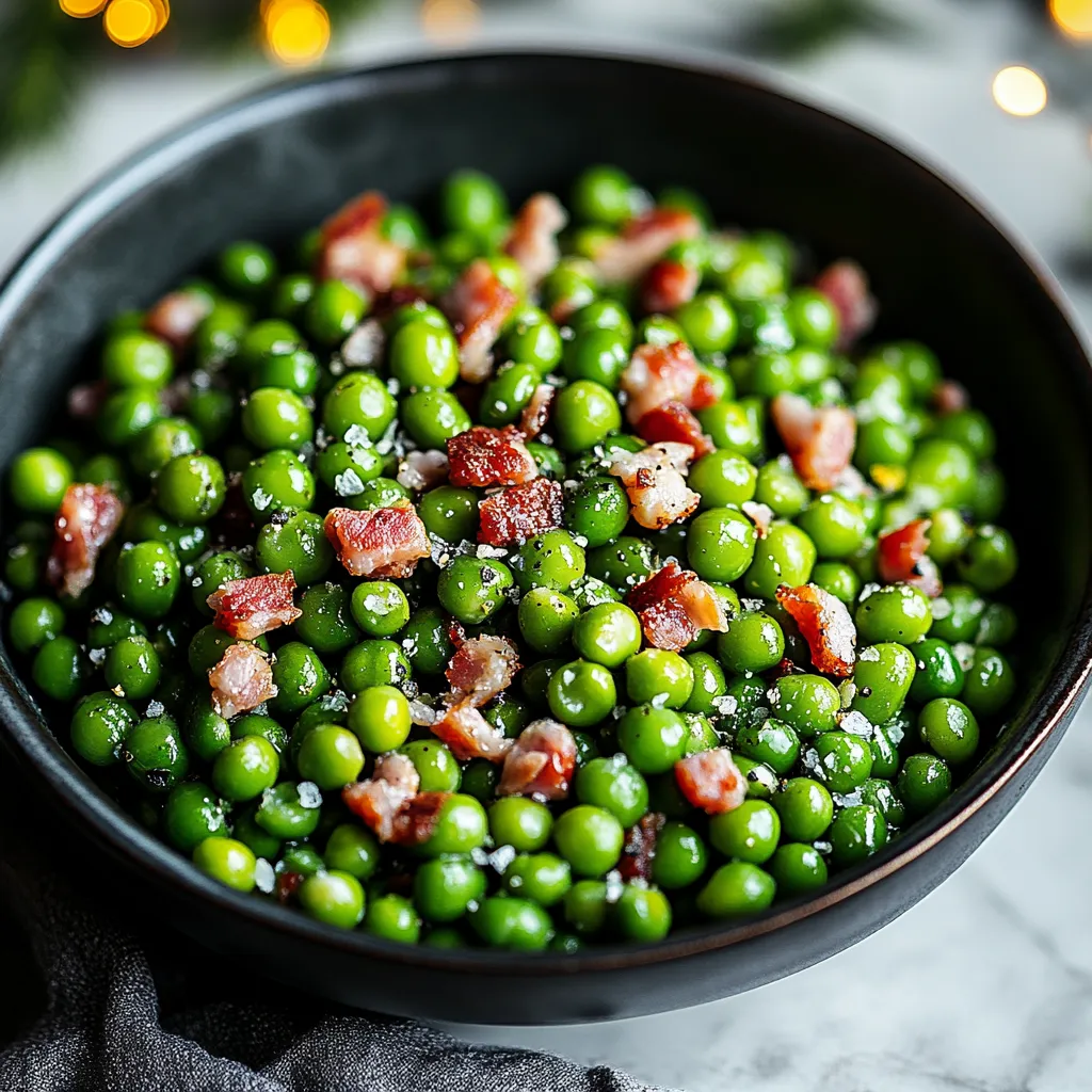 A bowl of green peas with bacon.
