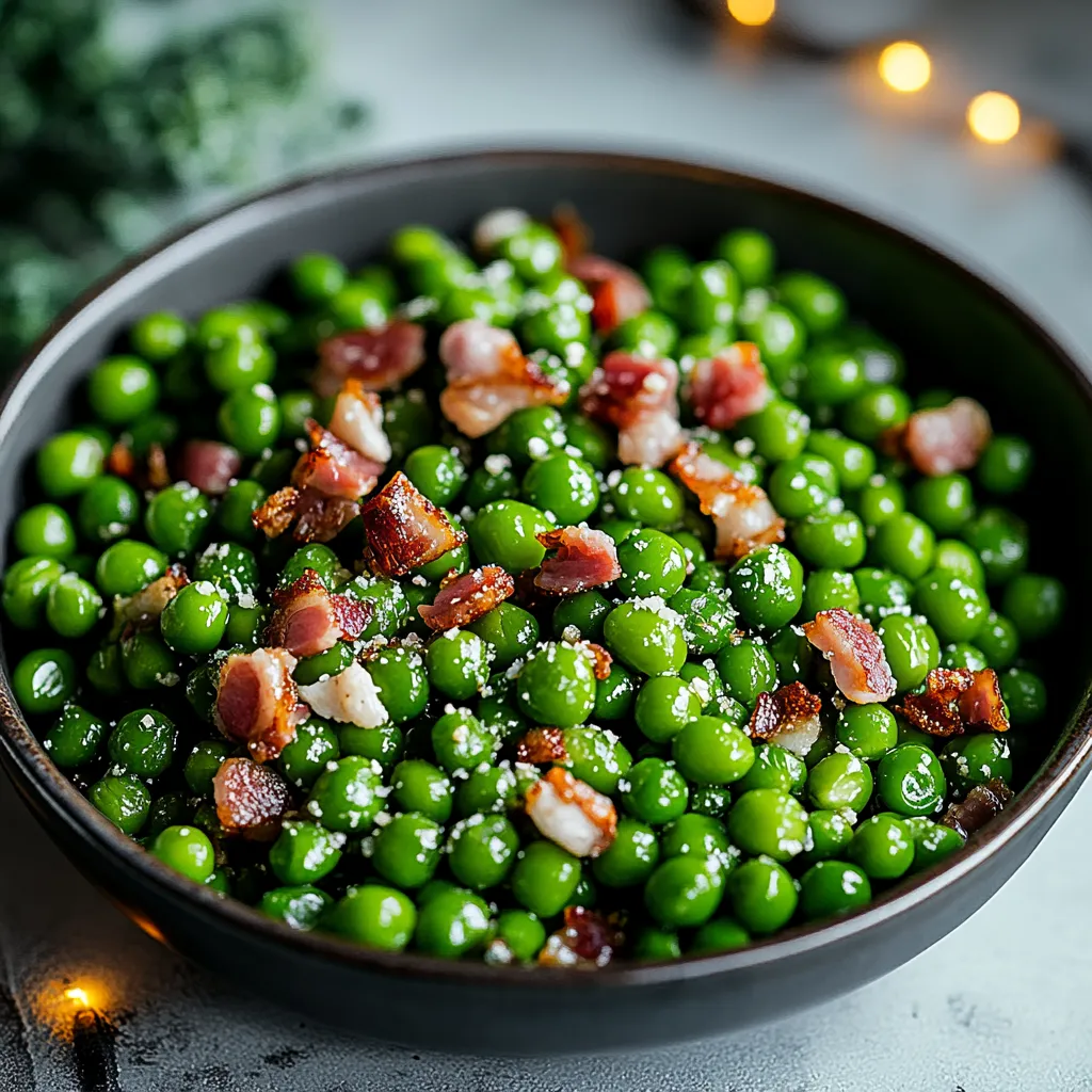 A bowl of green peas with bacon.