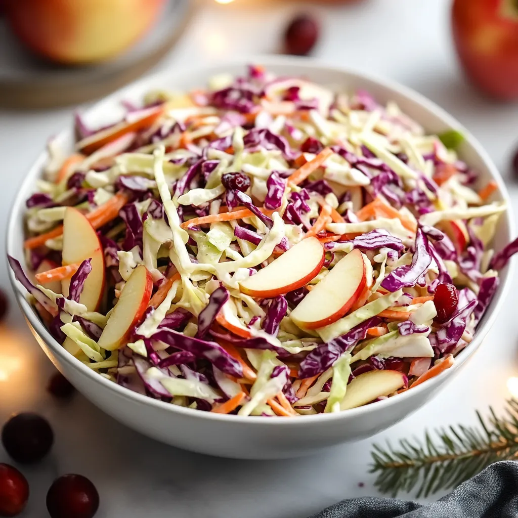A bowl of coleslaw with apples and cabbage.