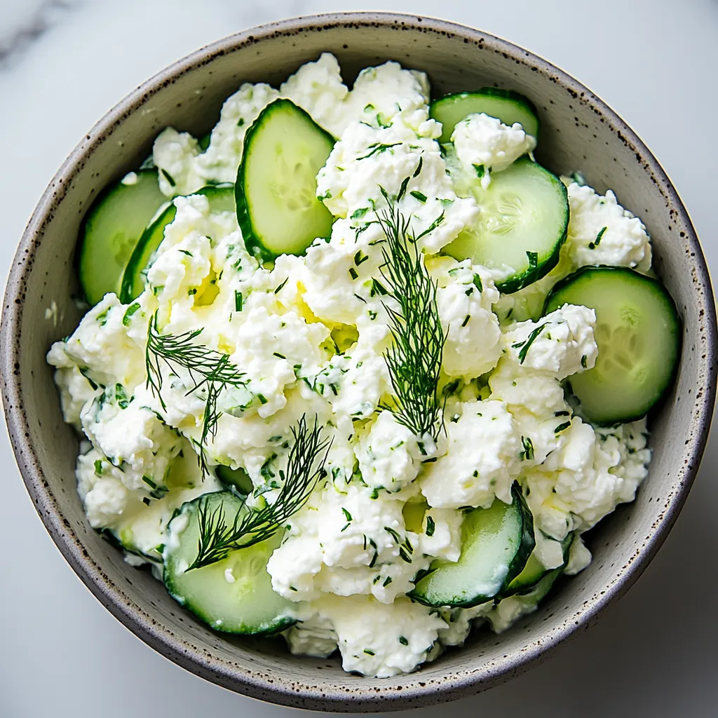 A bowl of food with cucumbers and cheese.