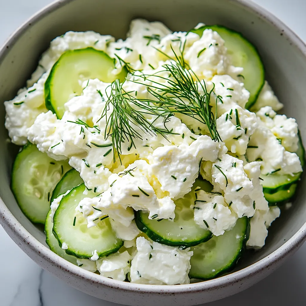 A bowl of food with cucumbers and cheese.