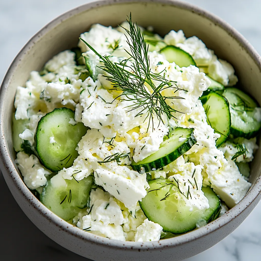 A bowl of food with cucumbers and cheese.