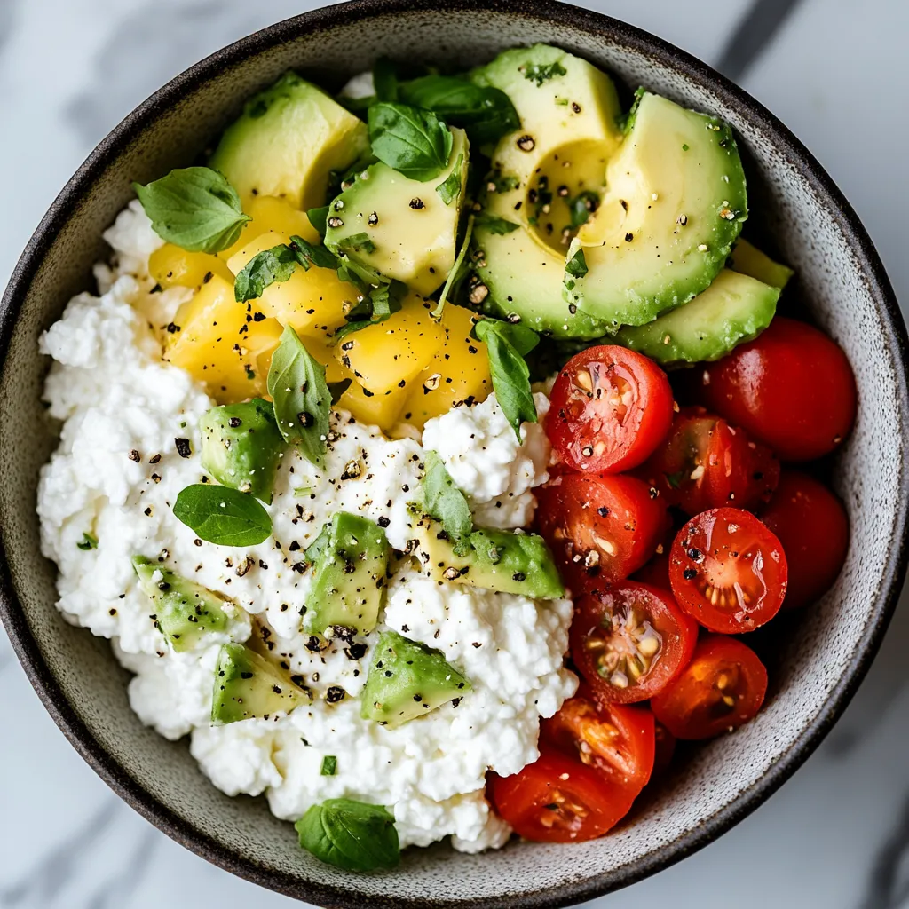 A bowl of food with tomatoes, avocado, and cheese.