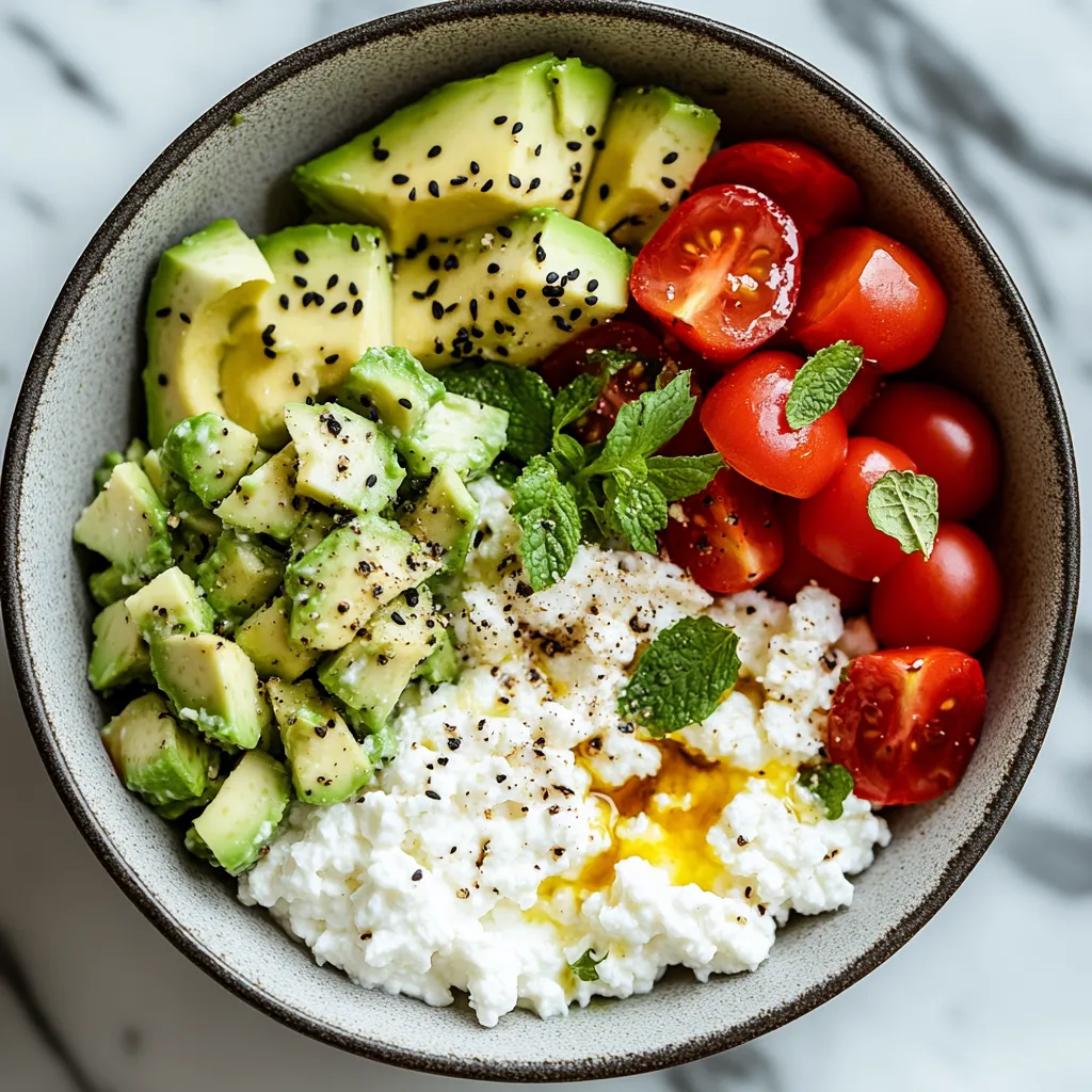 A bowl of food with avocado, tomatoes, and cheese.