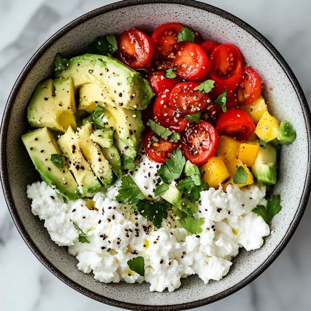 A bowl of food with avocado, tomatoes, and white cheese.
