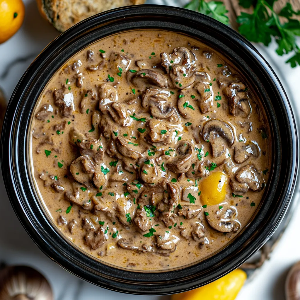 A bowl of mushroom soup with a green garnish.