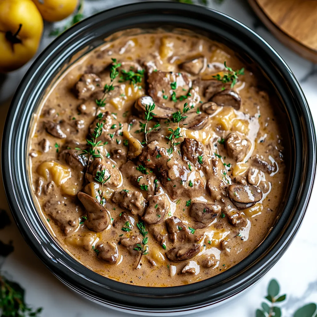 A bowl of stew with mushrooms and meat.
