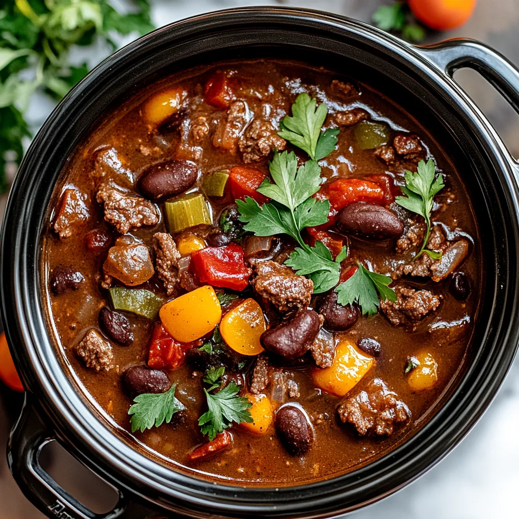 A bowl of chili with meat and vegetables.