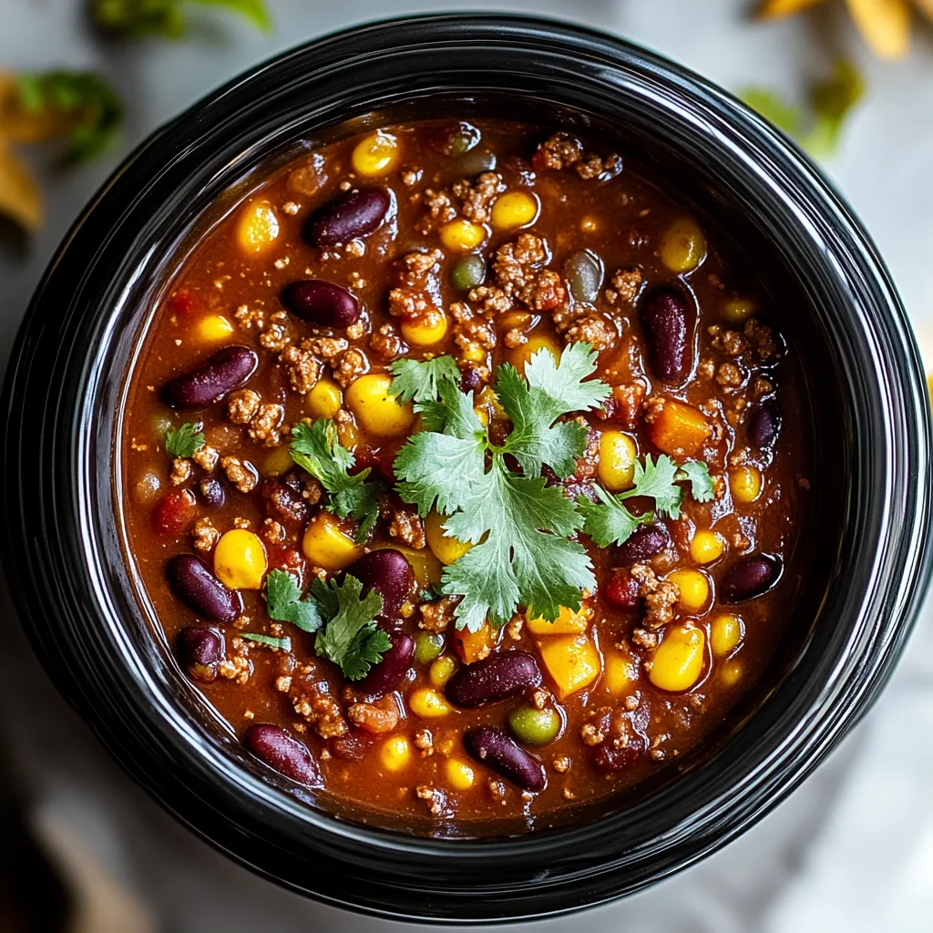 A bowl of chili with beans, corn, and meat.