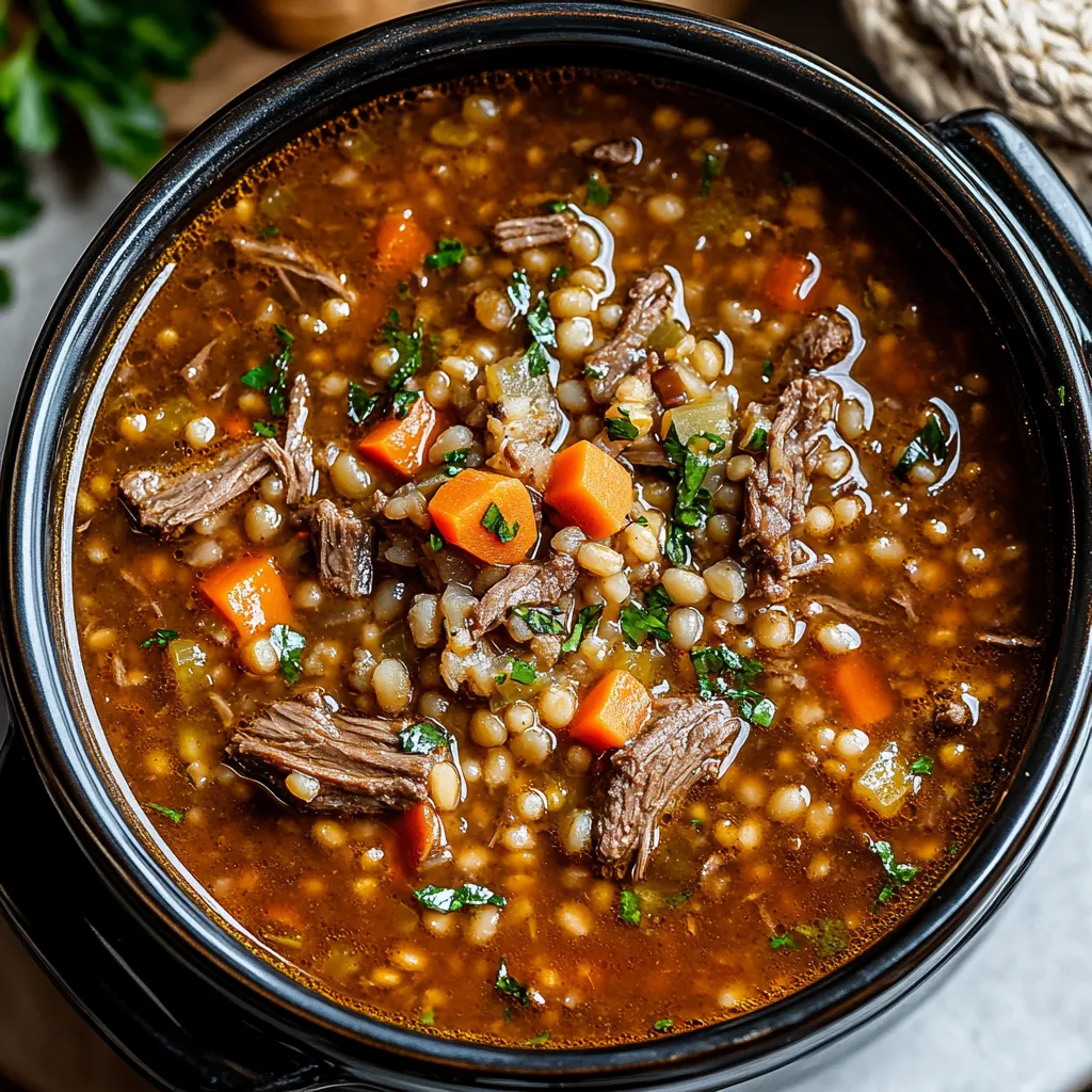 A bowl of soup with meat and vegetables.