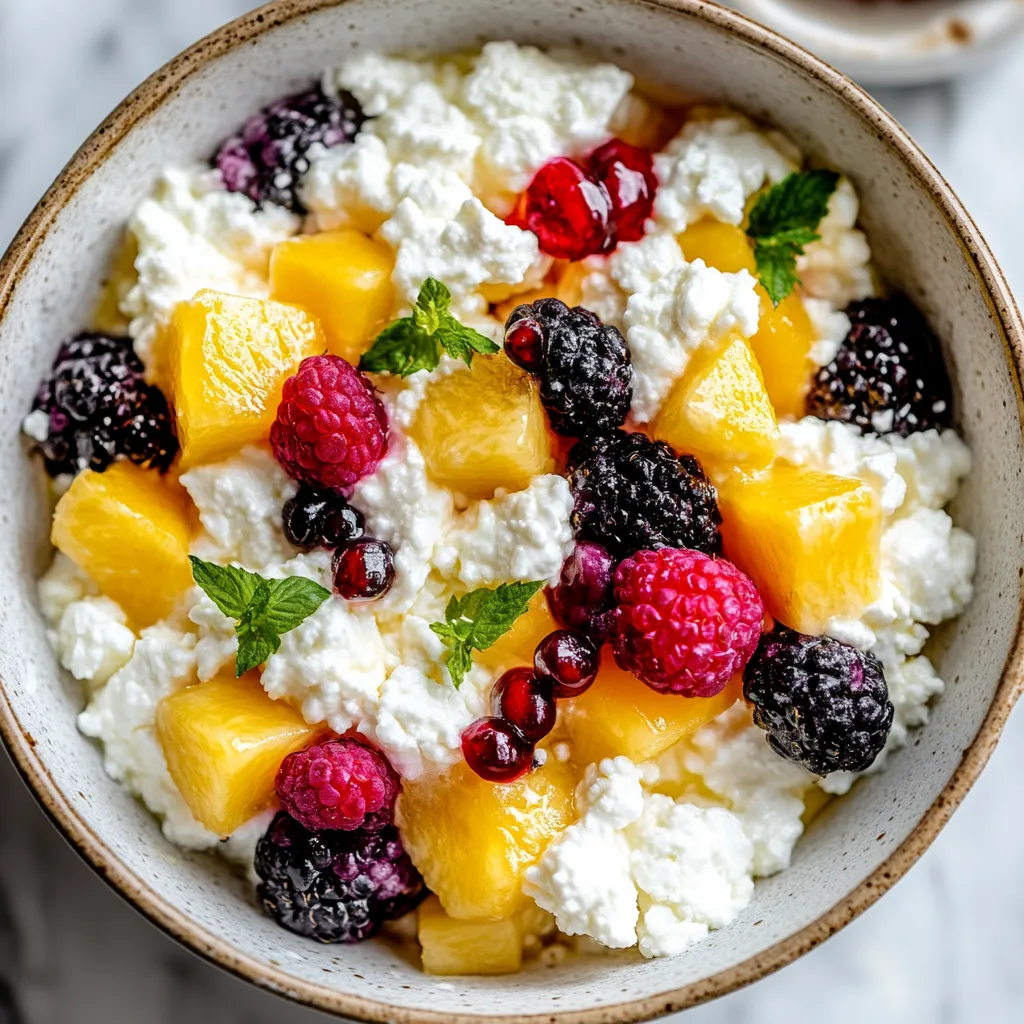 A bowl of fruit with white cream.