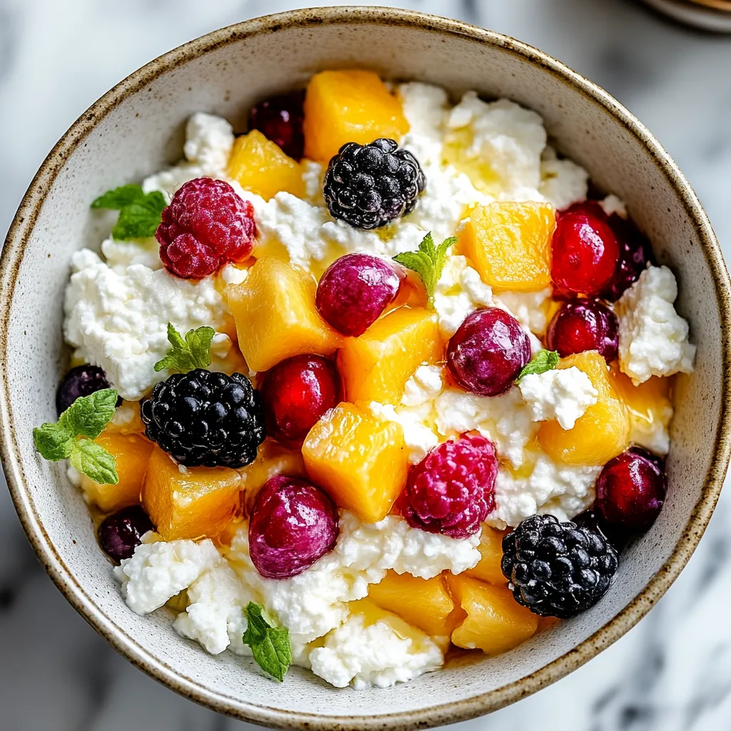 A bowl of fruit with white cream.
