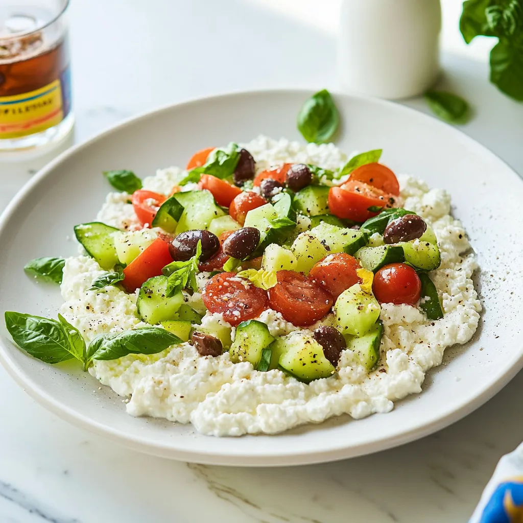 A plate of food with tomatoes, cucumbers, and feta cheese.