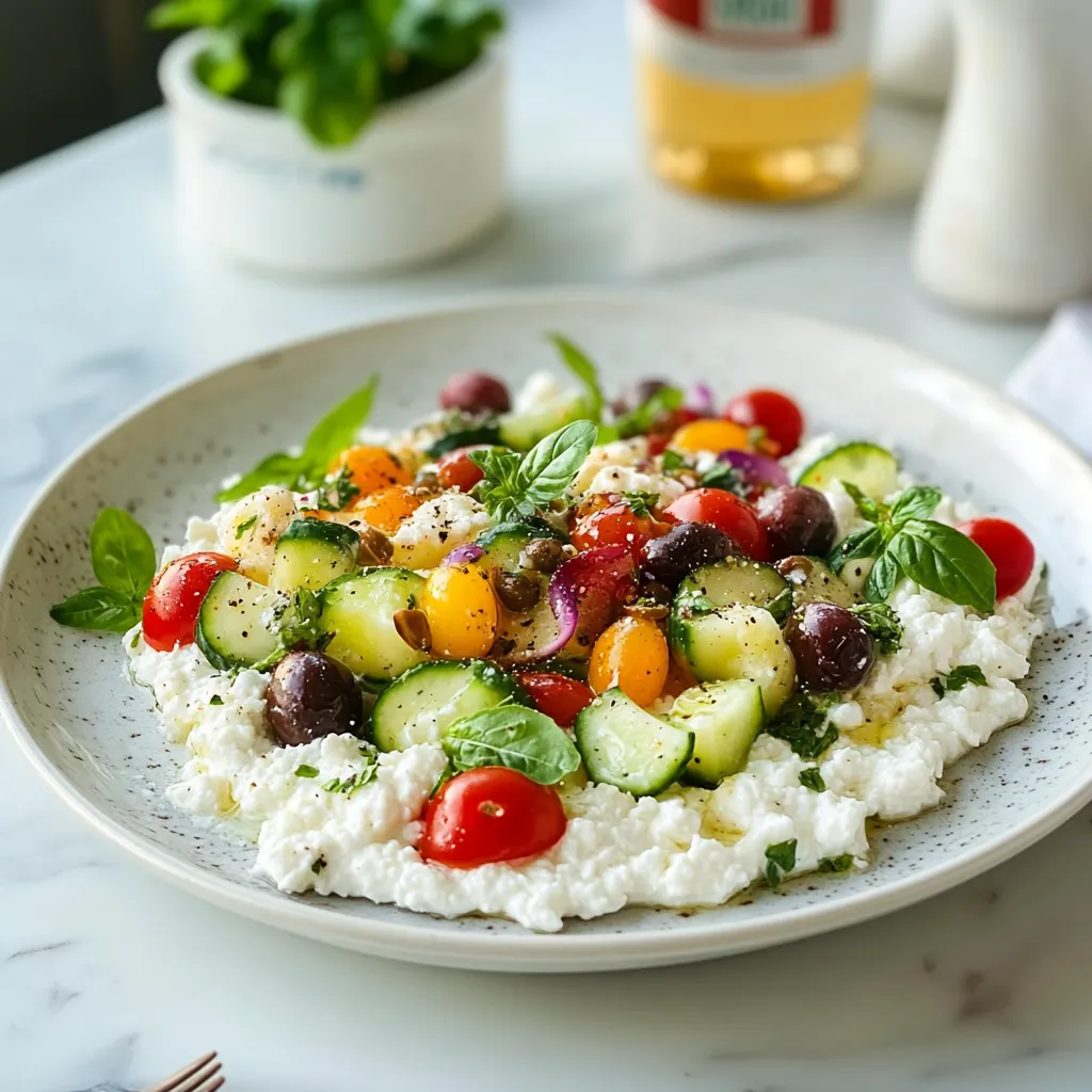 A plate of food with tomatoes, cucumbers, and basil.