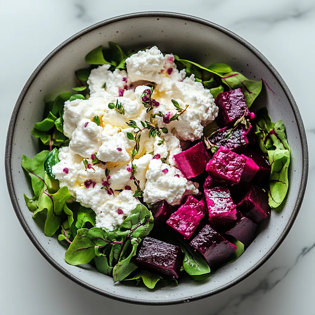 A bowl of food with white cheese and red beets.