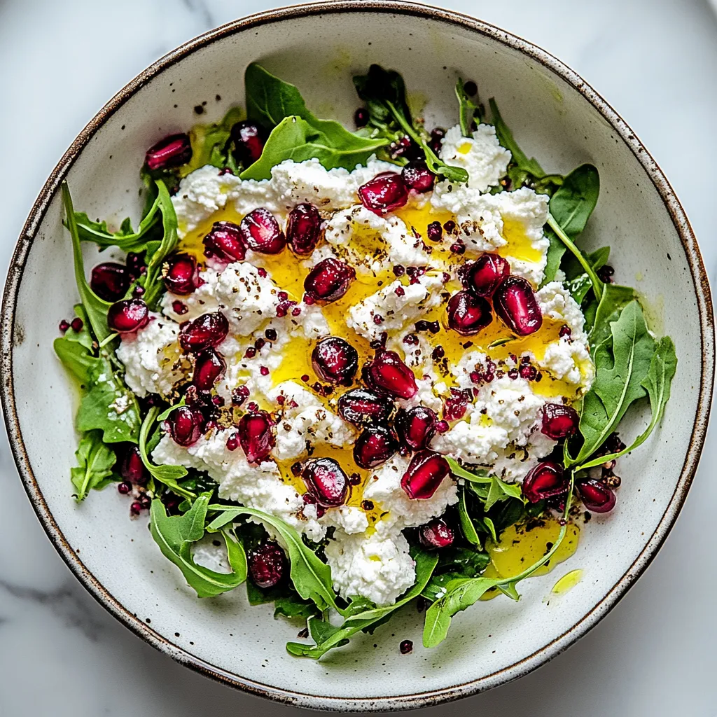 A bowl of food with white cheese and red pomegranate seeds.