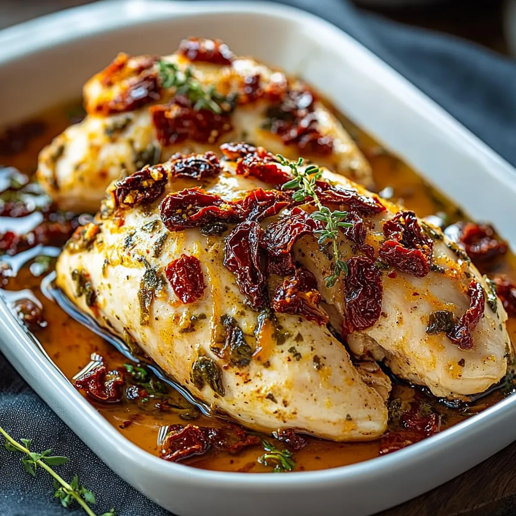 A dish of chicken with red peppers and herbs.