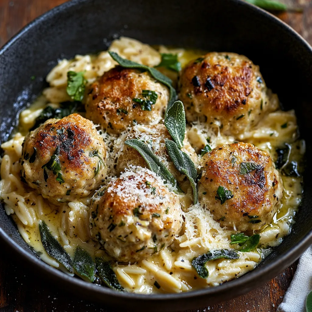 A bowl of pasta with meatballs and herbs.