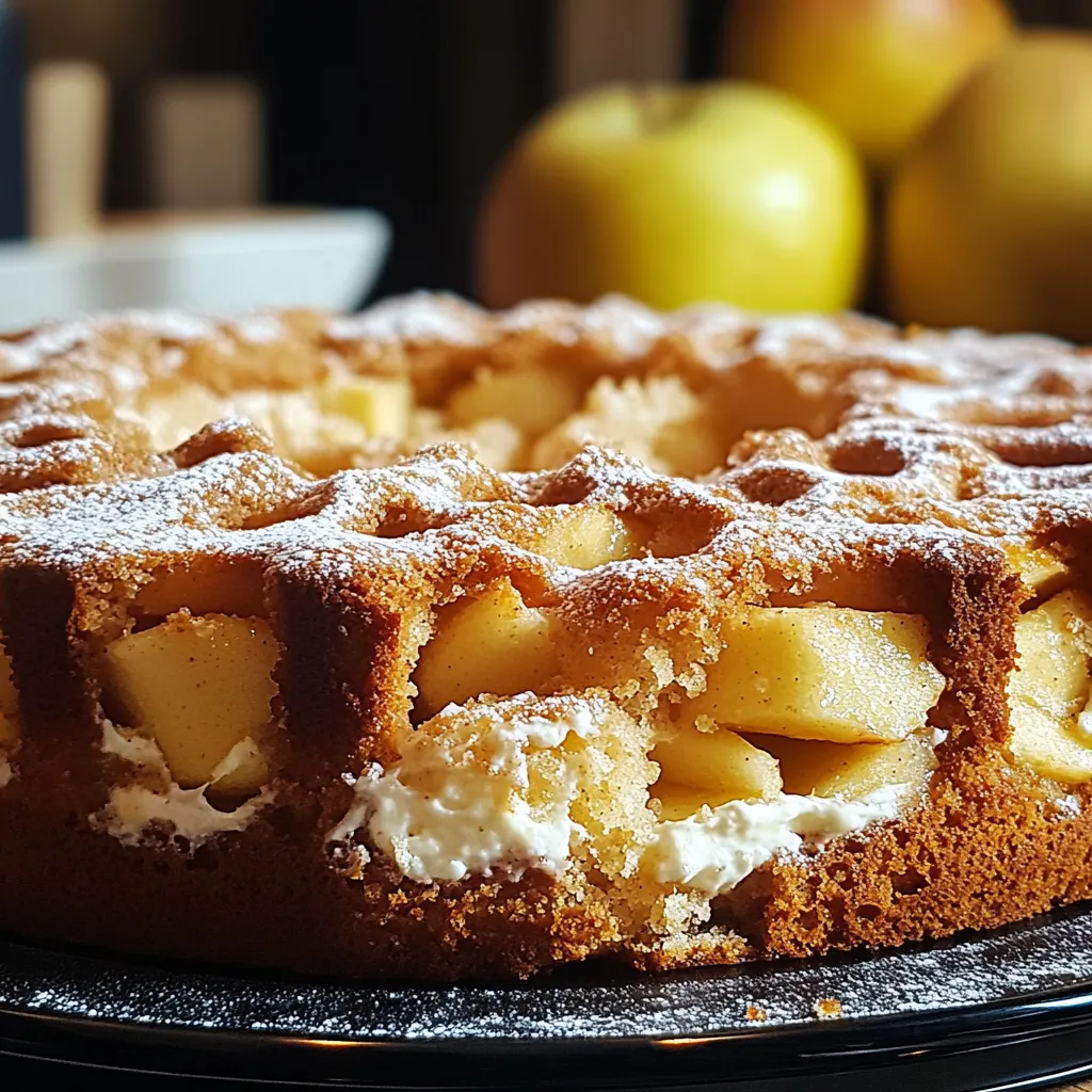 A cake with apples and whipped cream on top.