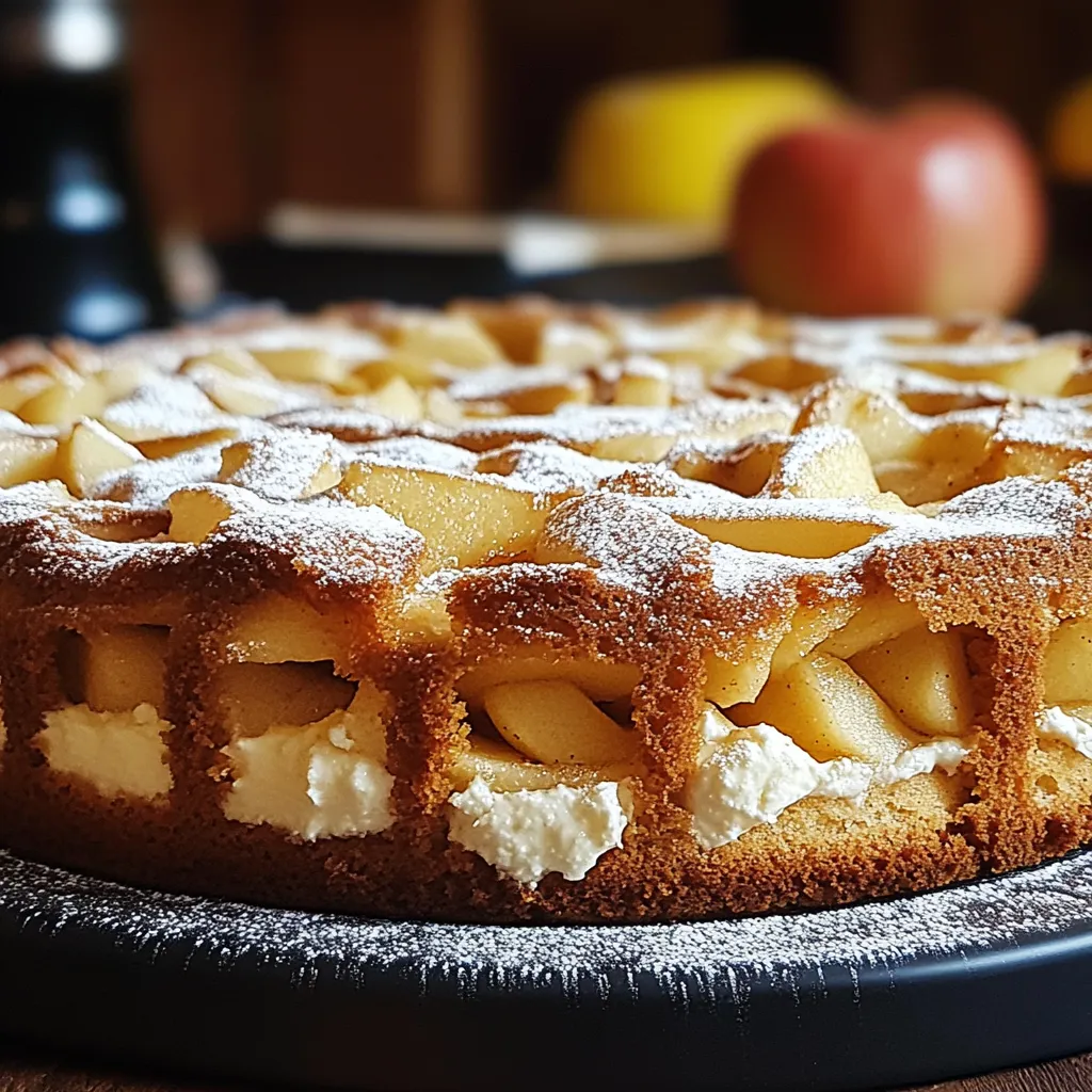 A cake with apples and whipped cream on top.
