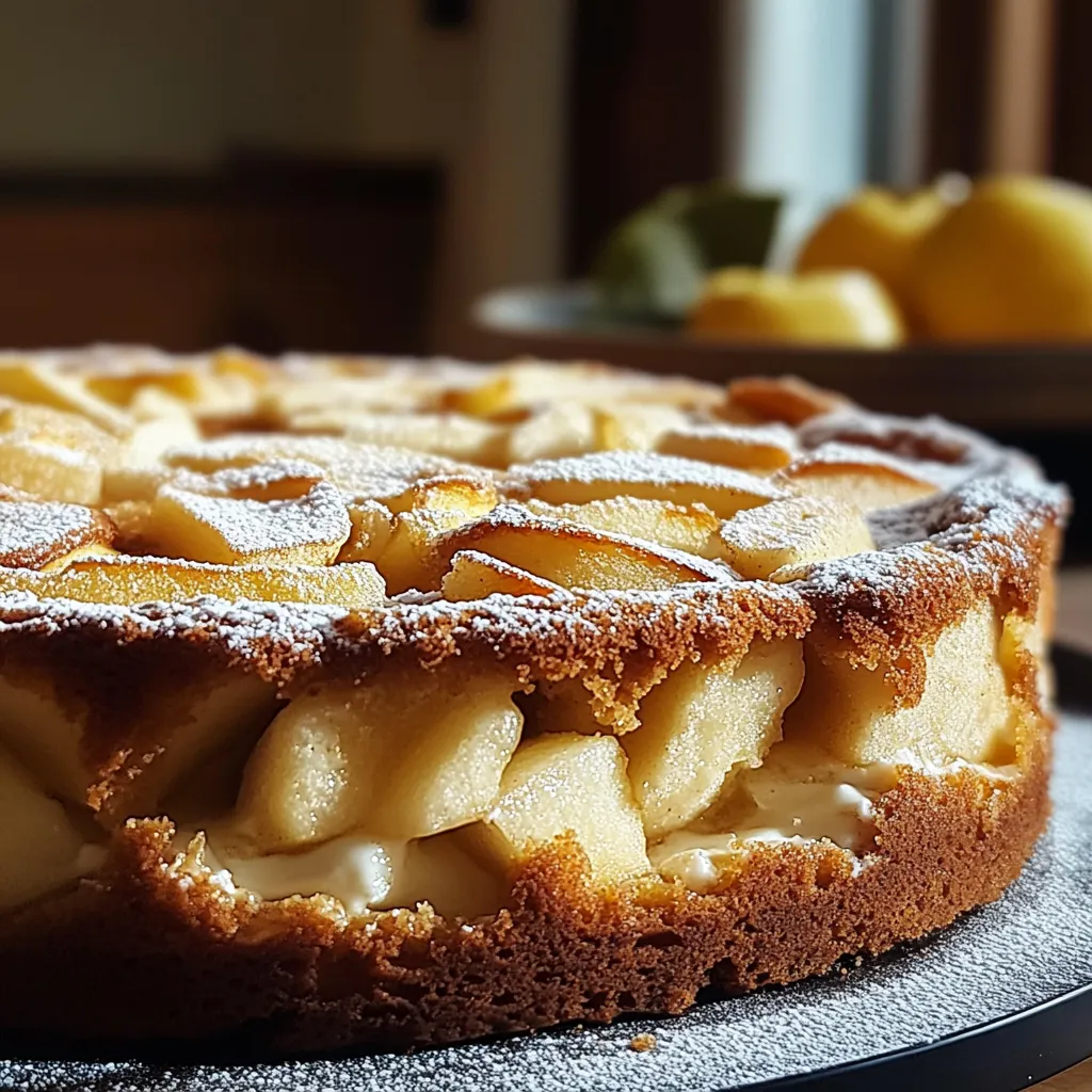 A cake with apples on top.