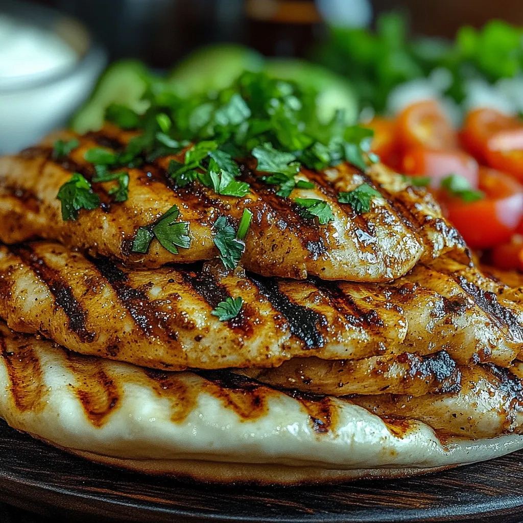 A stack of grilled chicken with green onions on top.