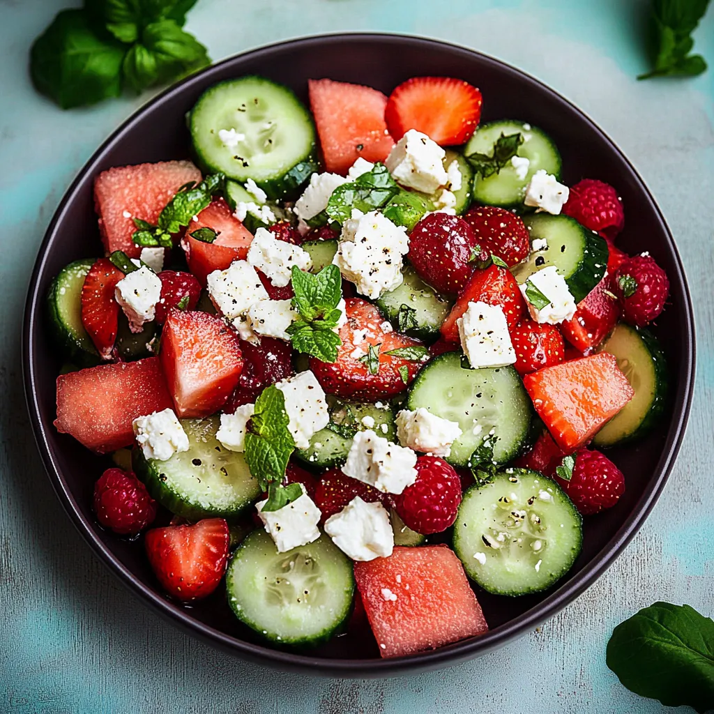 A bowl of fruit with strawberries, cucumbers, and feta cheese.