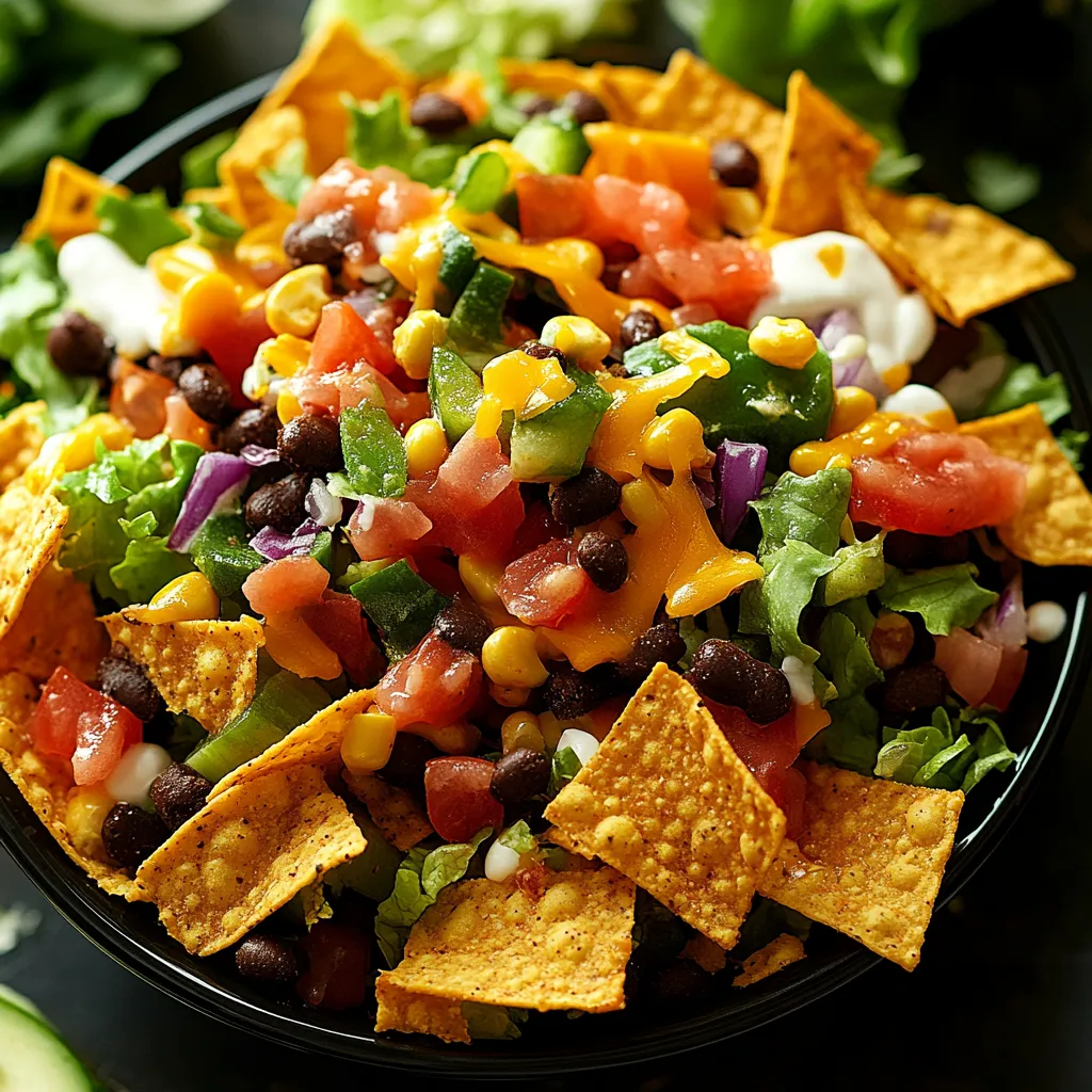 A bowl of salad with chips and tomatoes.