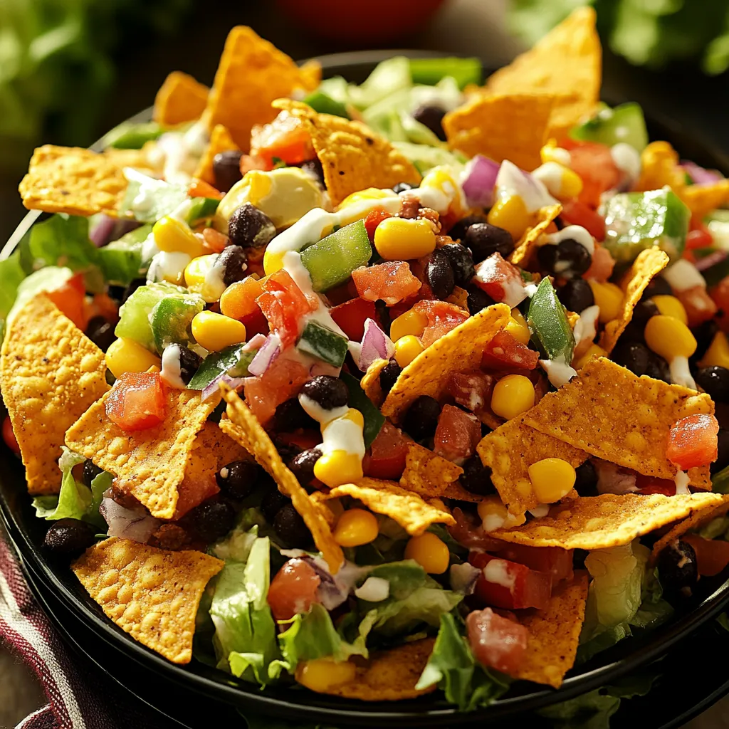 A bowl of salad with chips.
