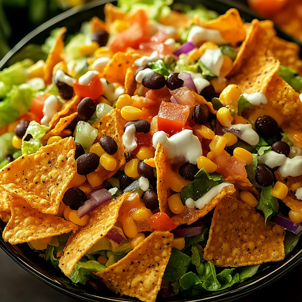 A bowl of salad with chips and tomatoes.
