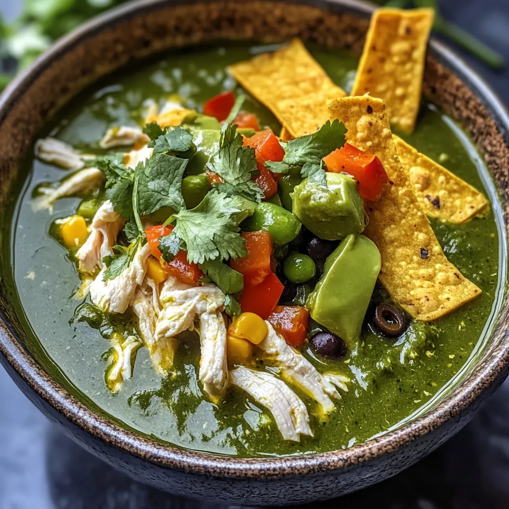 A bowl of soup with chicken, beans, and tortilla chips.