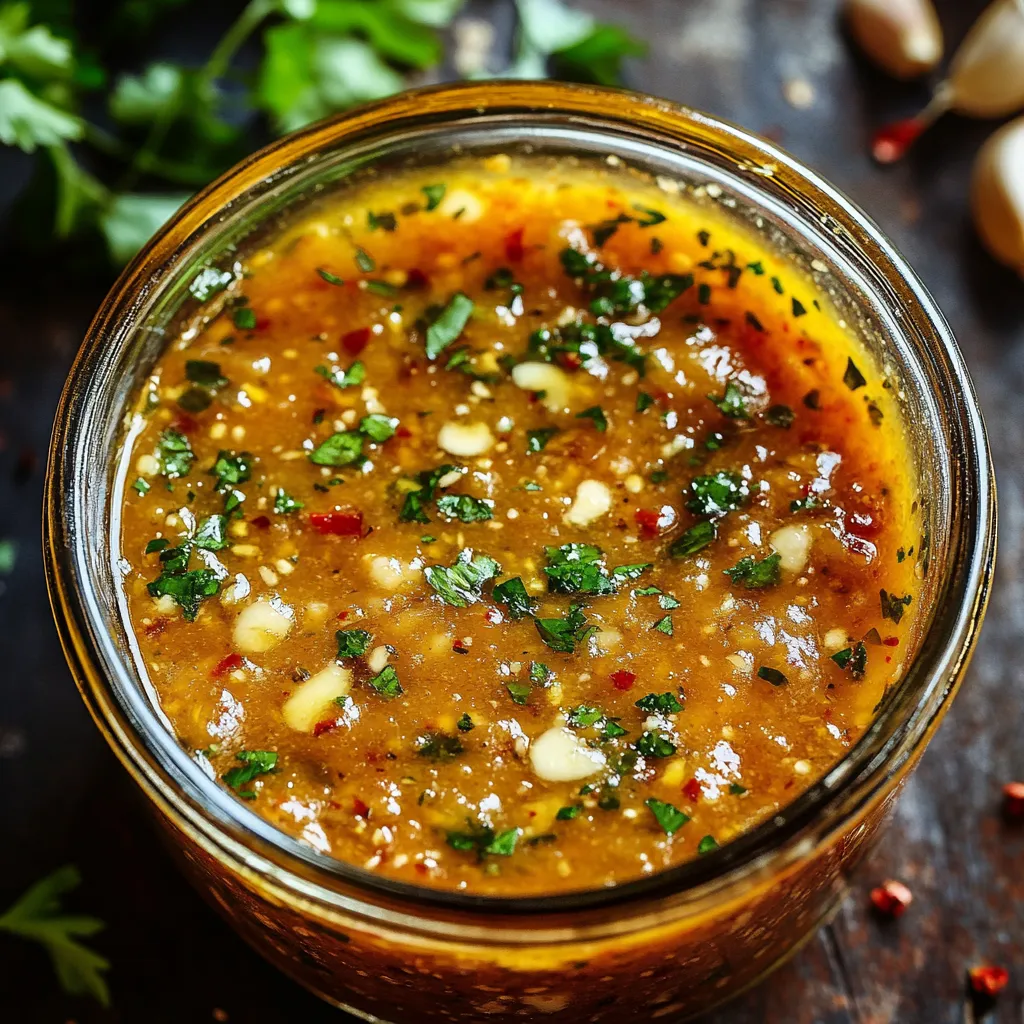 A jar of sauce with green herbs on top.