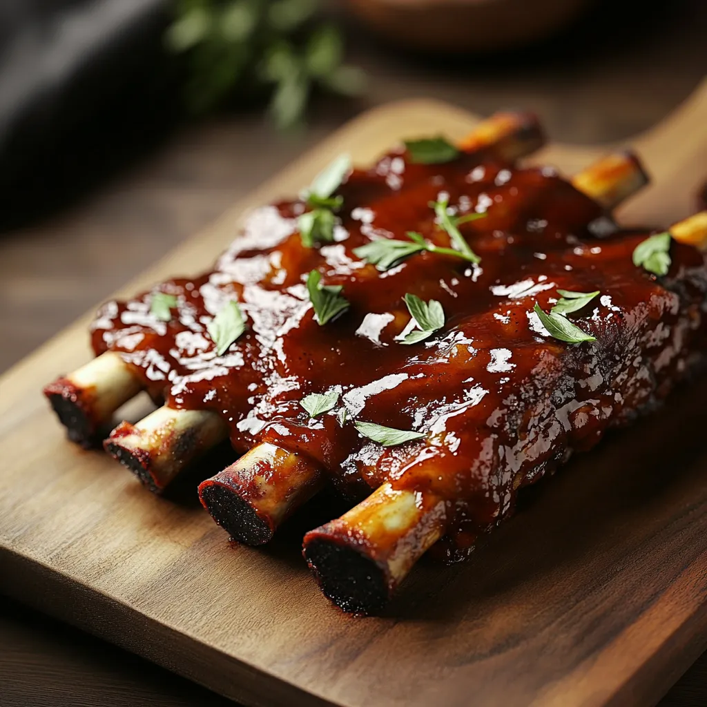 A BBQ ribs with sauce on a wooden table.