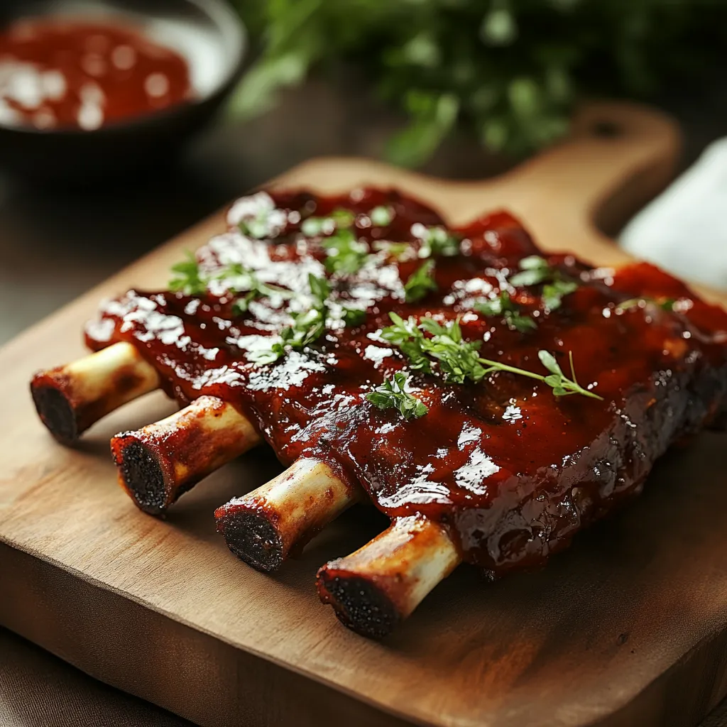 A wooden cutting board with ribs on it.