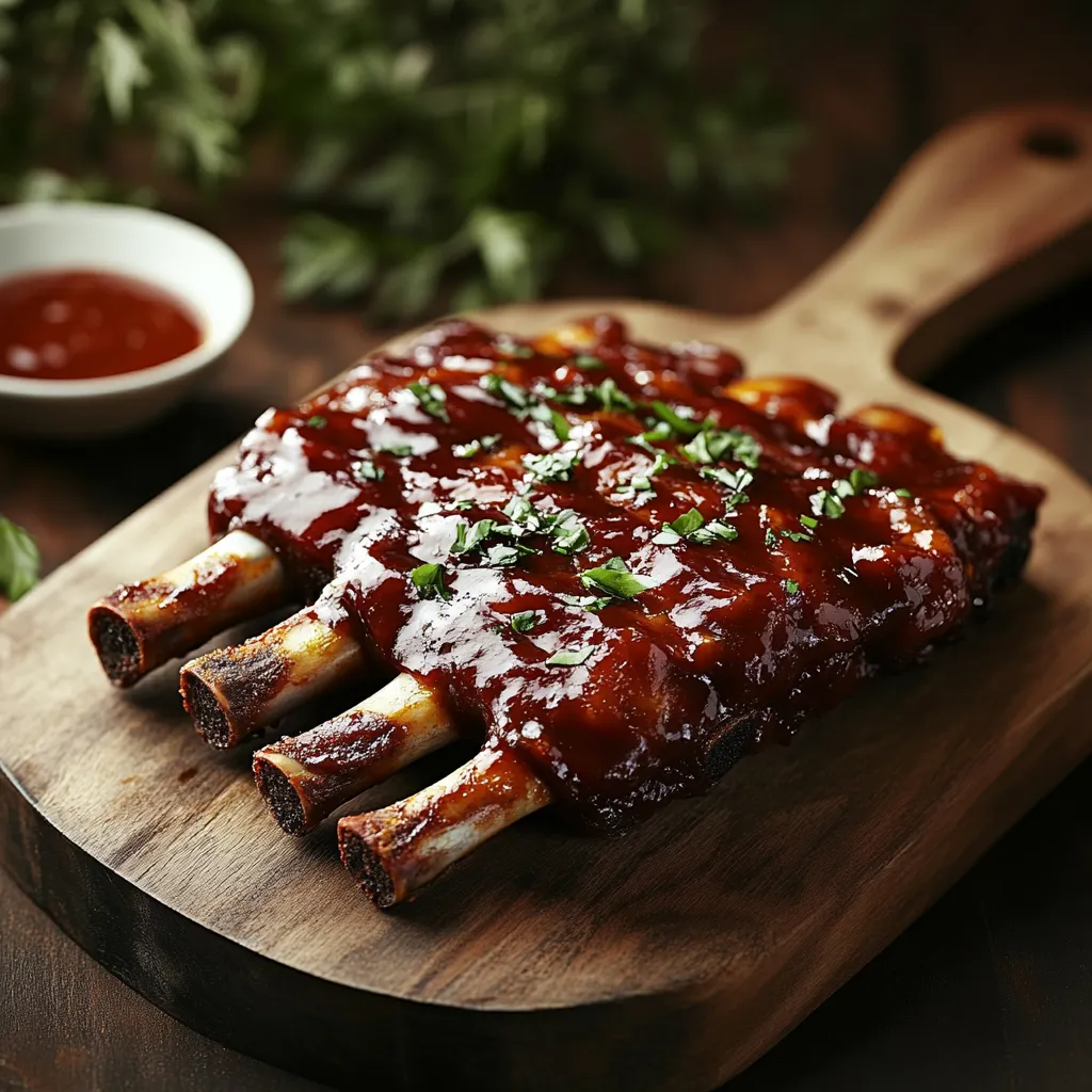 A BBQ ribs meal on a wooden platter.