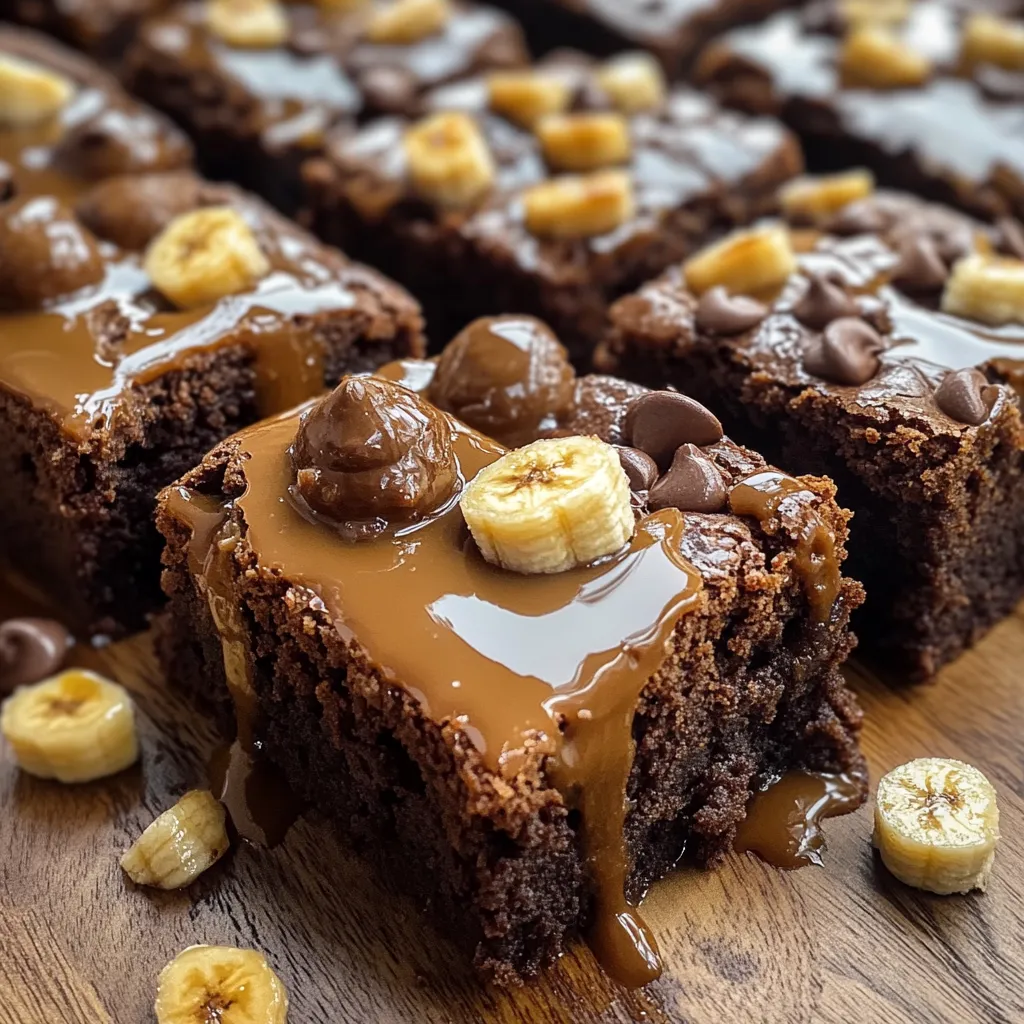A close up of a chocolate dessert with bananas and caramel drizzle.