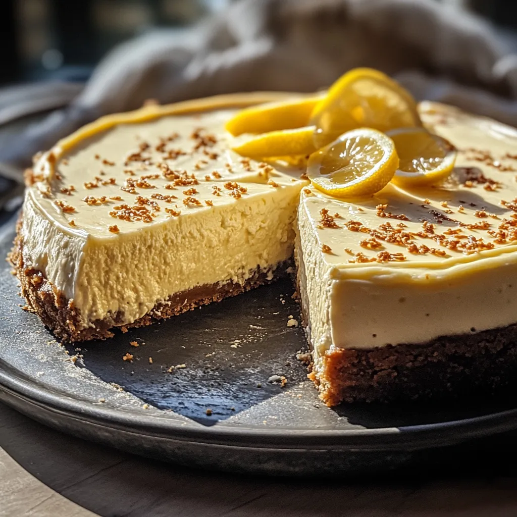 A slice of cheesecake with a lemon wedge on top.