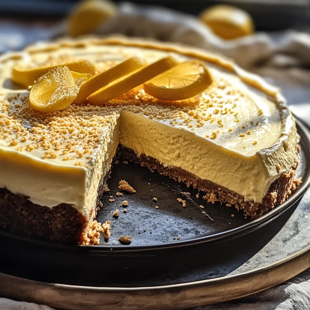 A slice of lemon cheesecake on a black plate.