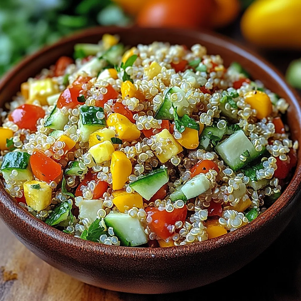 A bowl of food with tomatoes, cucumbers, and quinoa.