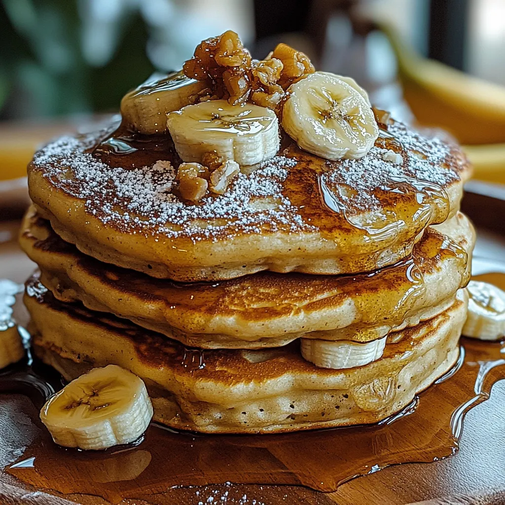 A stack of pancakes with bananas on top.