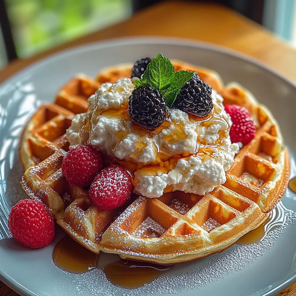 A plate of waffles with fruit on top.