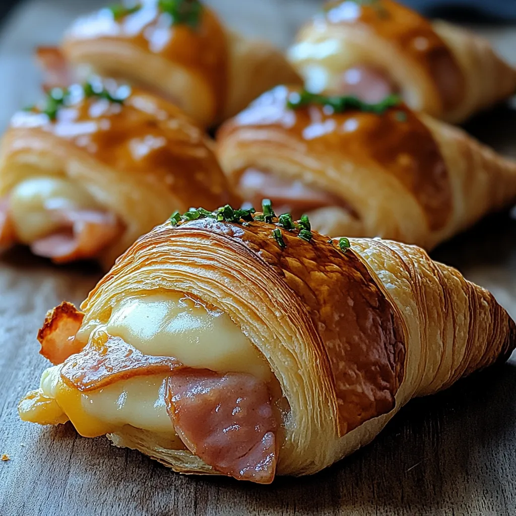 A croissant with cheese and ham on it.