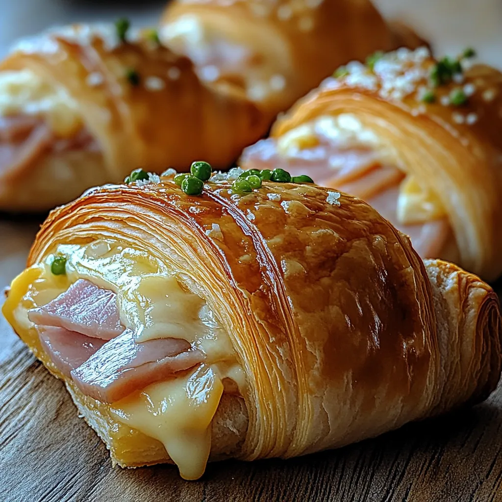 A pastry with ham and cheese on a wooden table.