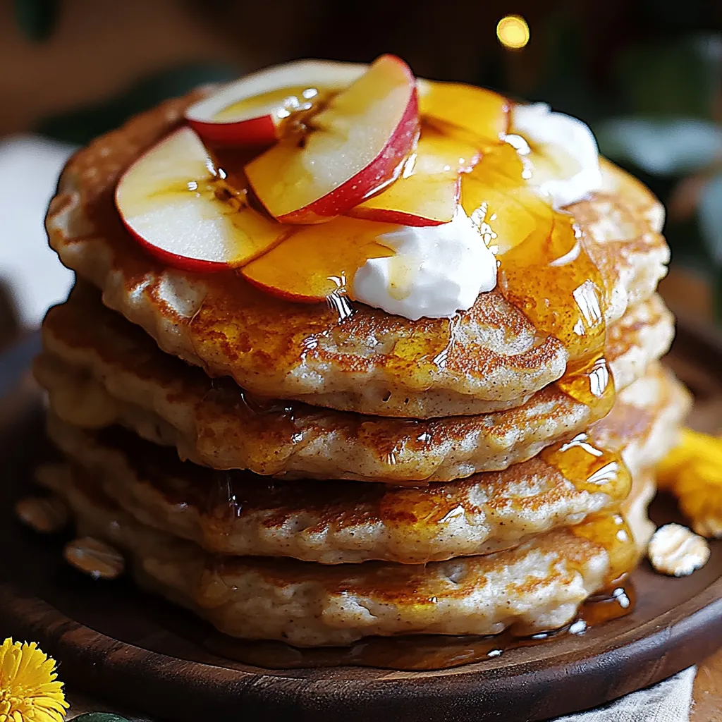 A stack of pancakes with apples and whipped cream on top.