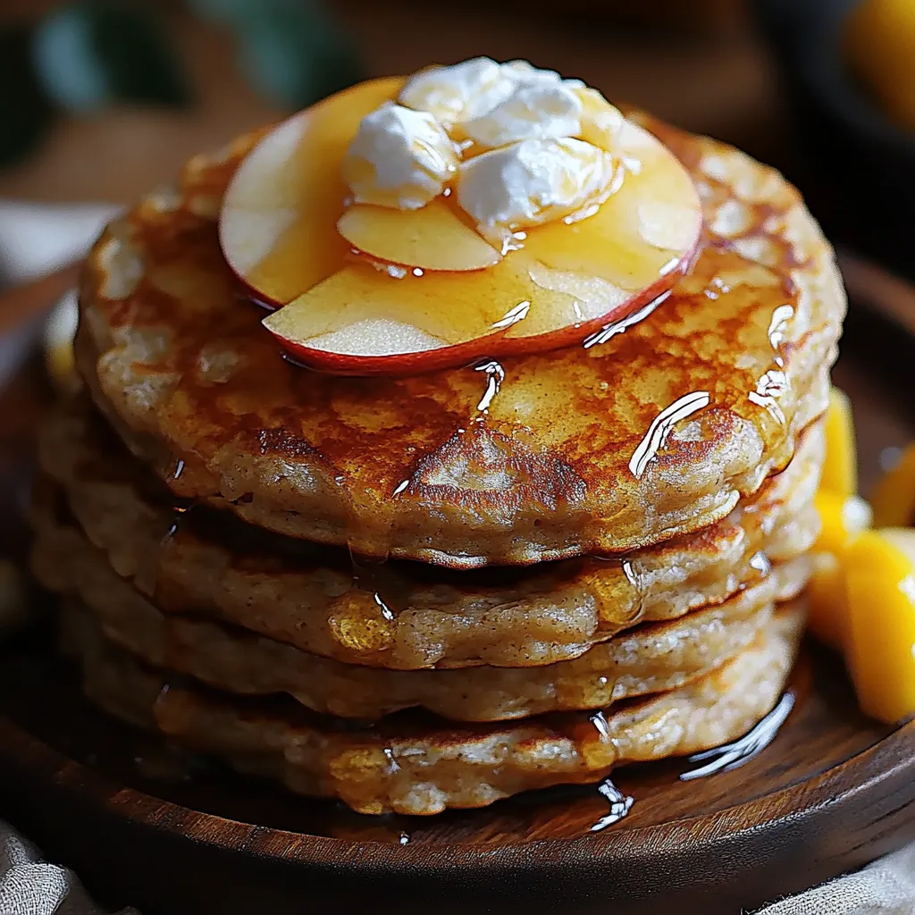 A stack of pancakes with a slice of apple on top.
