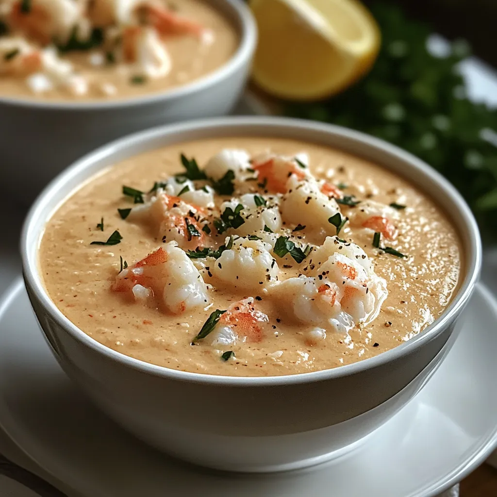 A bowl of soup with shrimp and lemon.
