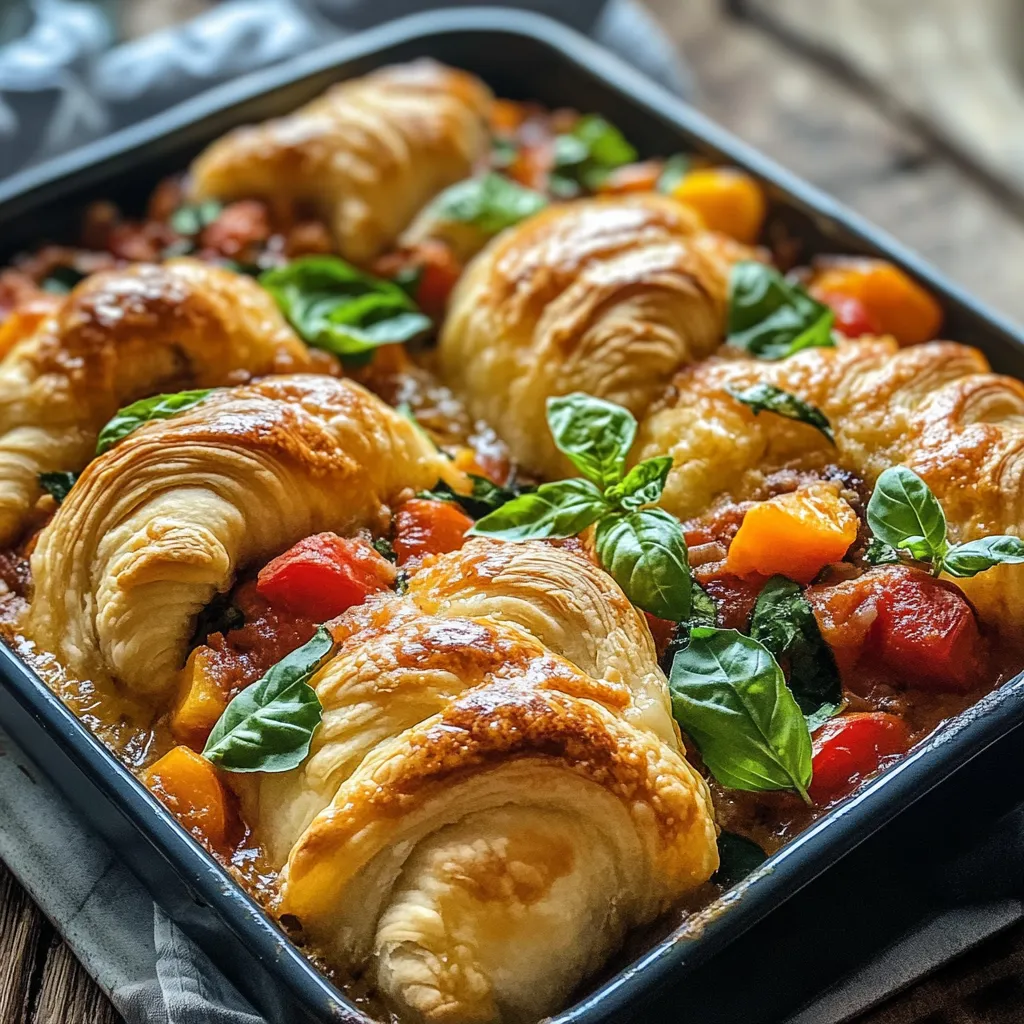 A pan of food with a green leaf on top.