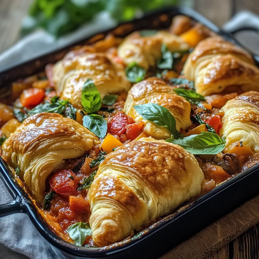 A pan of food with a green leaf on top.