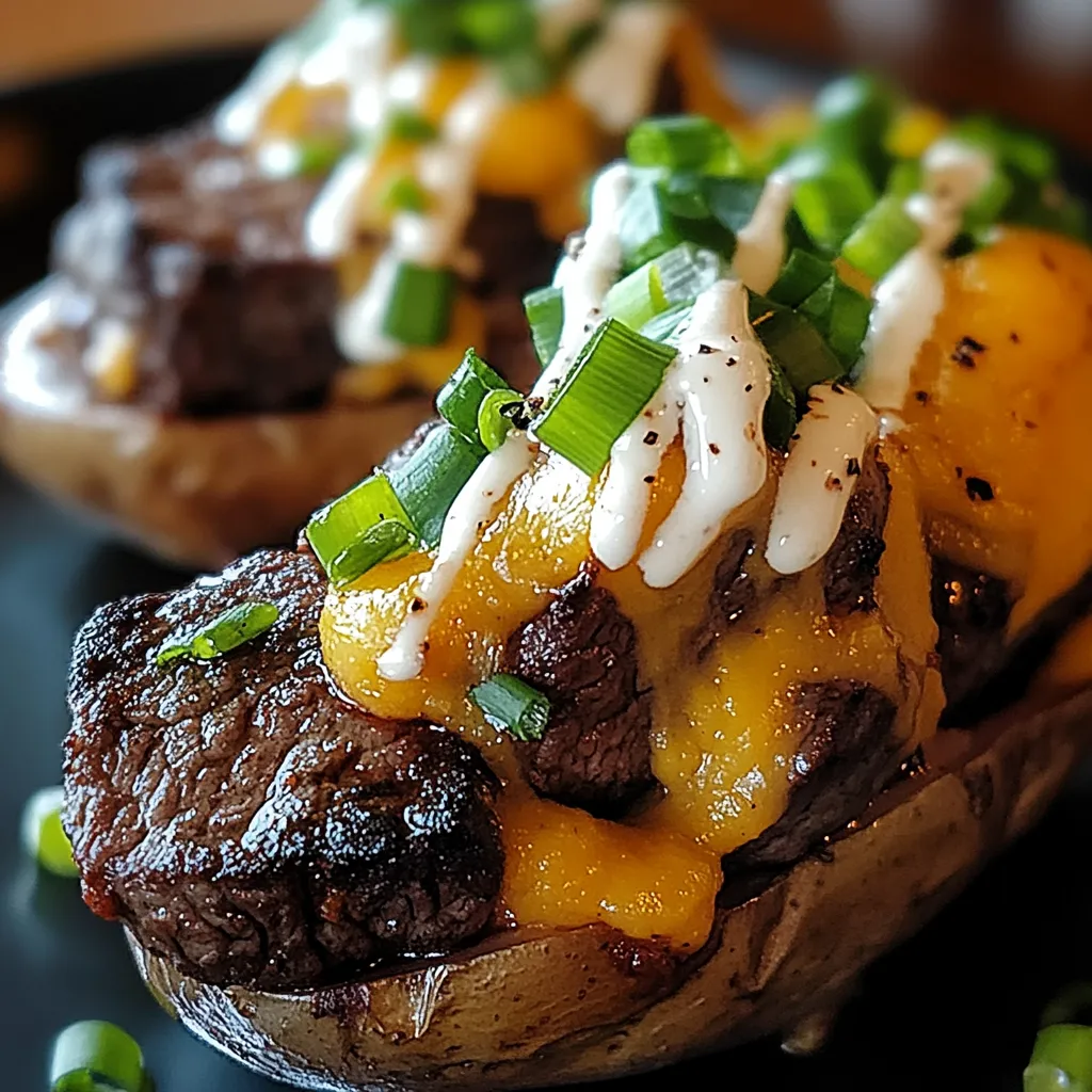 A plate of food with a meat patty and a baked potato.