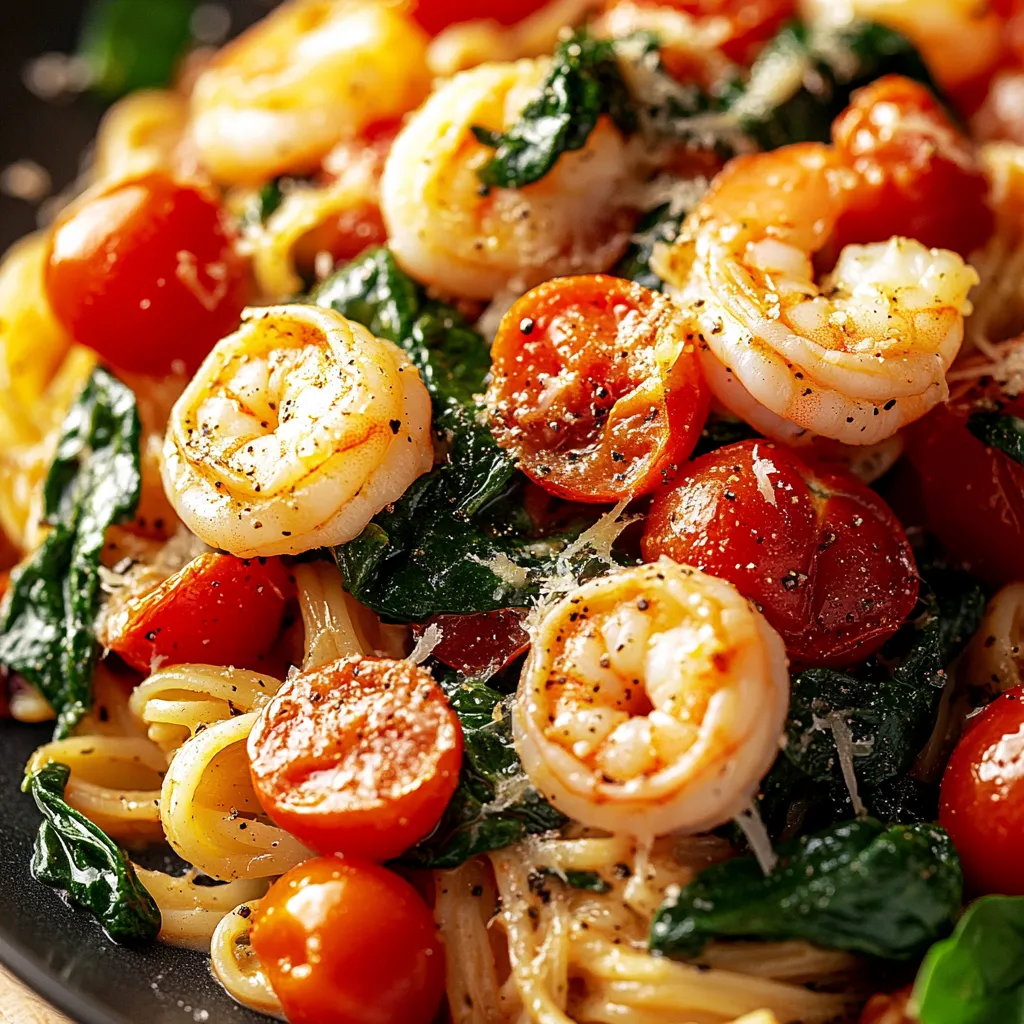 A plate of pasta with shrimp and tomatoes.